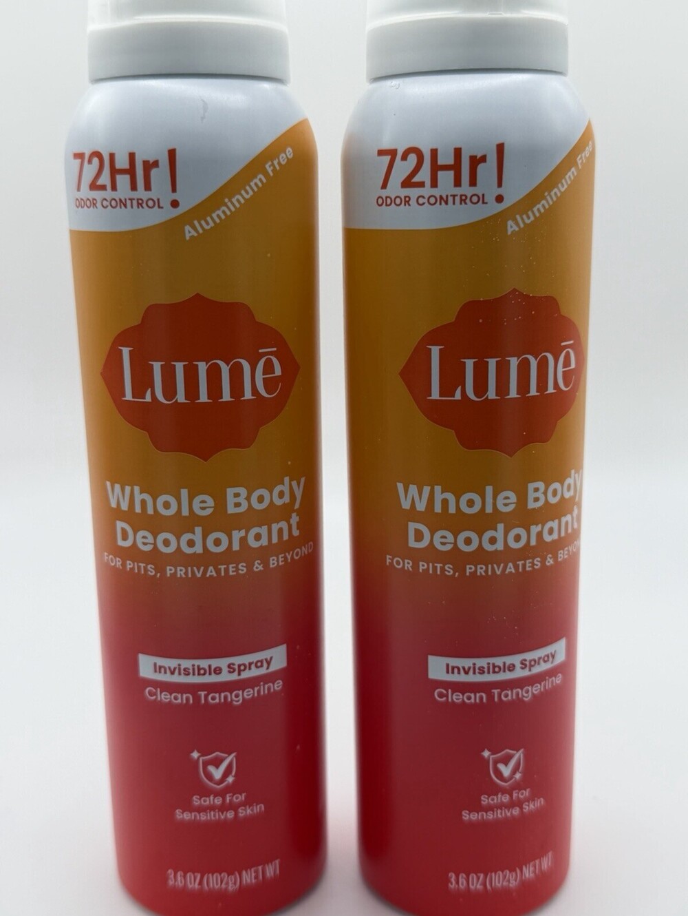 Lume Whole Body Deodorant Spray Clean Tangerine 3.6 Oz Set of 2 Aluminum Free